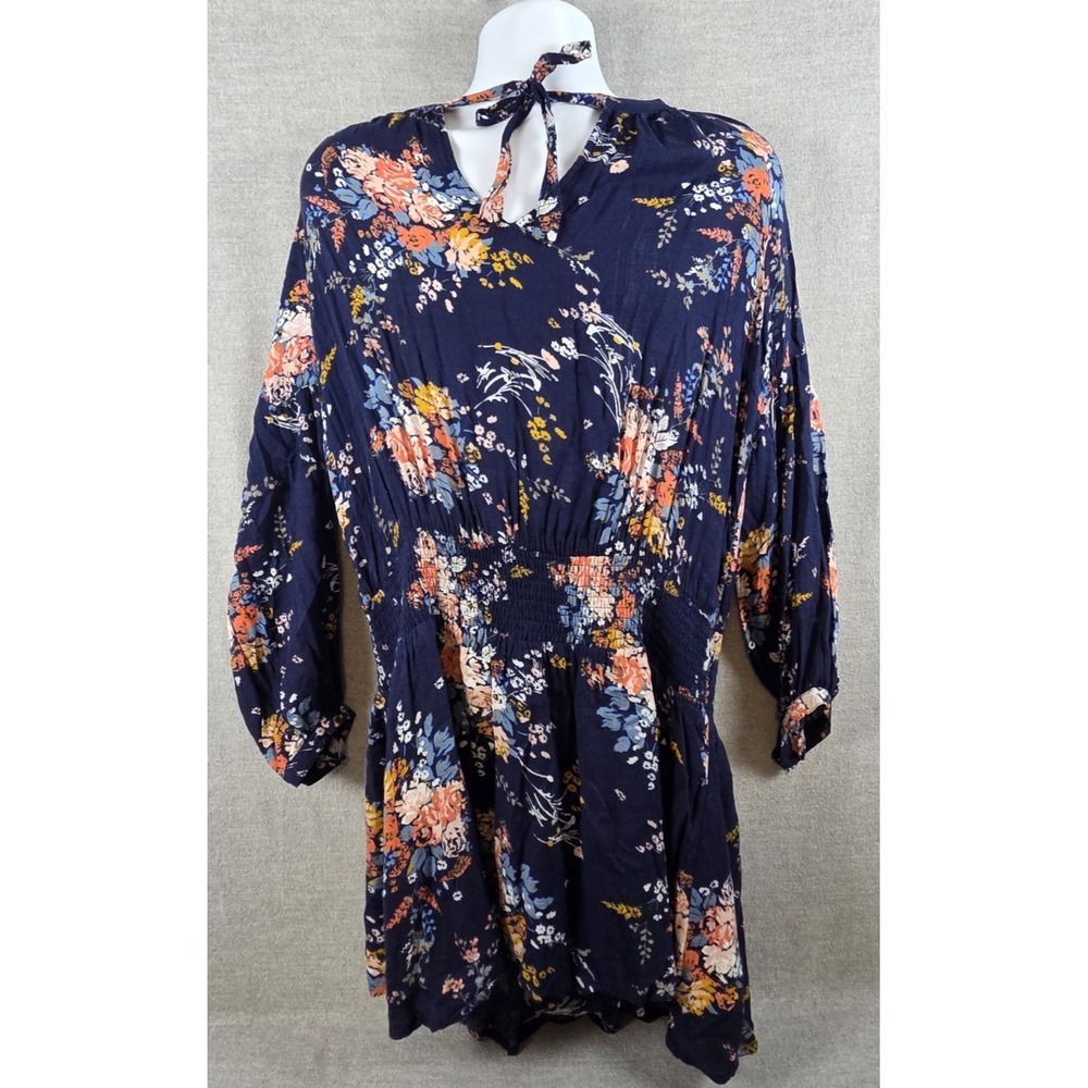 Lucky Brand L Mini Dress Drop Waist Floral Navy Blue Long Sleeves Tie Neck‎ Boho